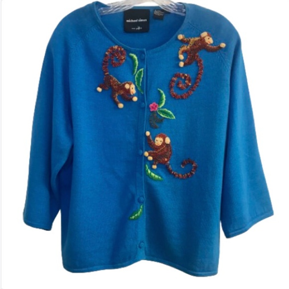 Michael Simon Vintage Cotton Blend Monkey Embroidered Cardigan Sweater XL